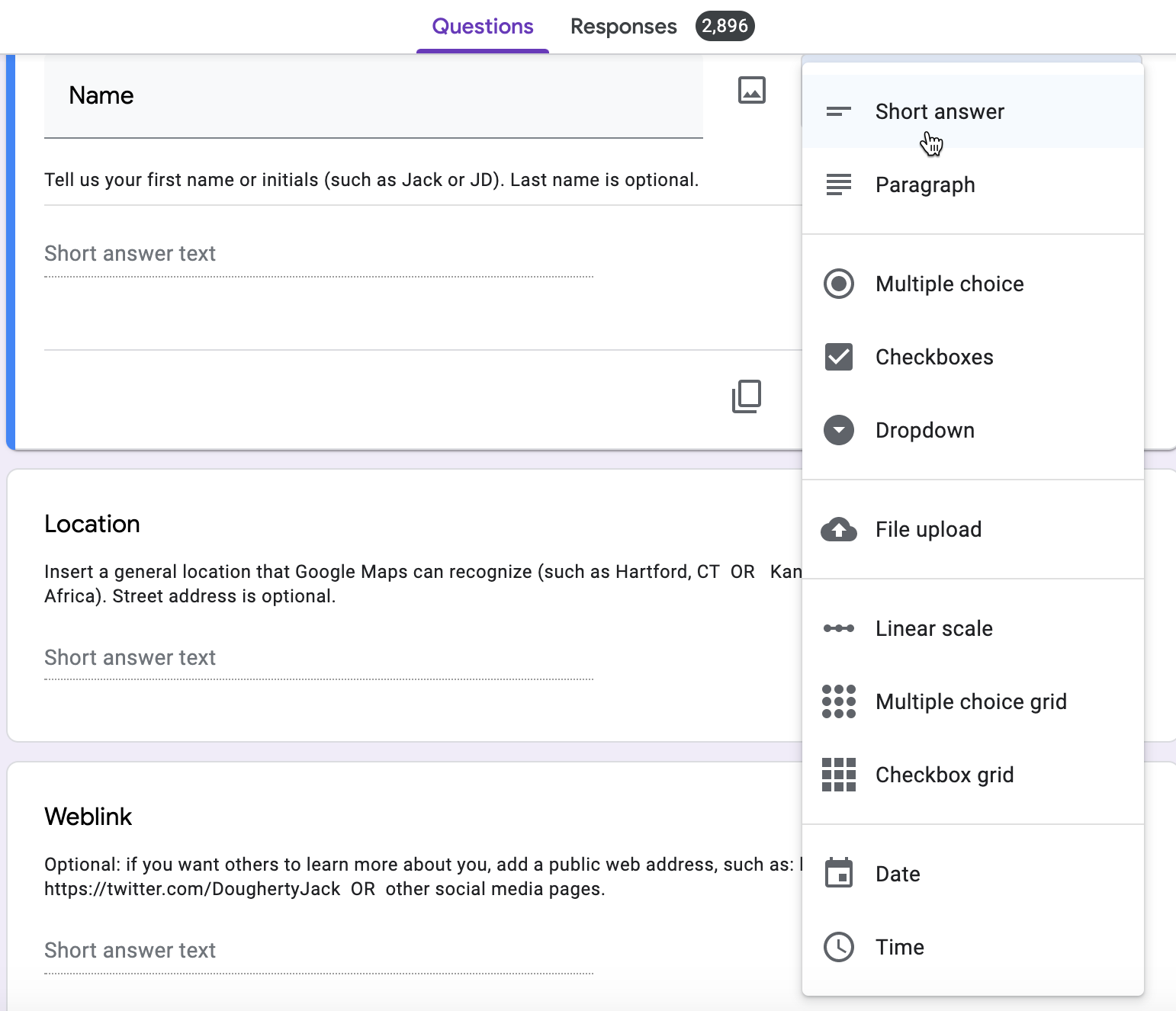 The Google Forms Questions tab allows you to designate different types of responses.