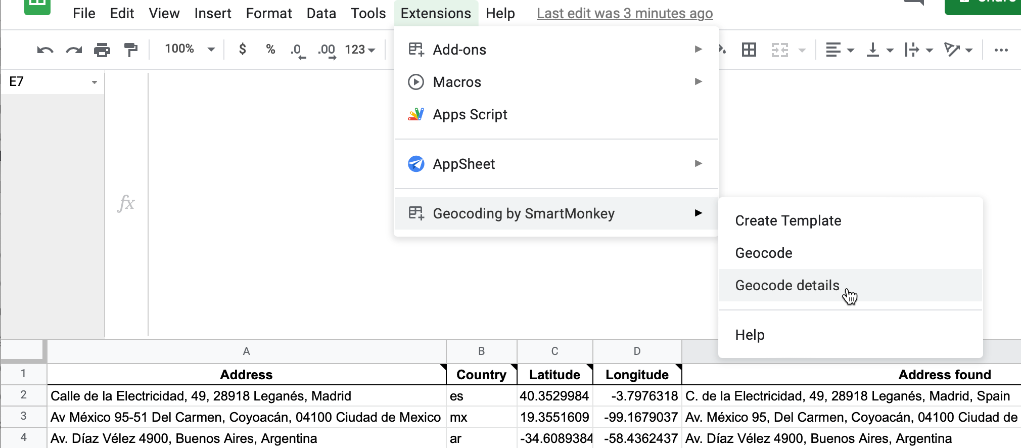 Select Extensions–Geocoding by SmartMonkey–Geocode Details to display sample data with results for three new columns: Latitude, Longitude, and Address found.
