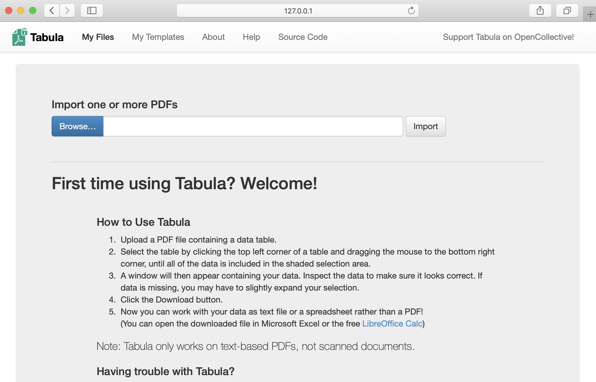 Tabula welcome page.