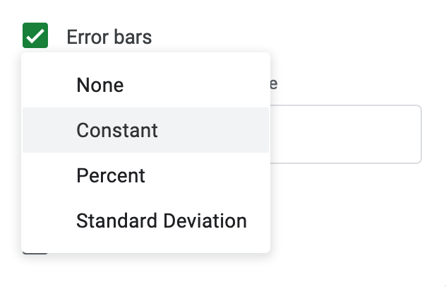 Google Sheets has limited settings to create error bars.