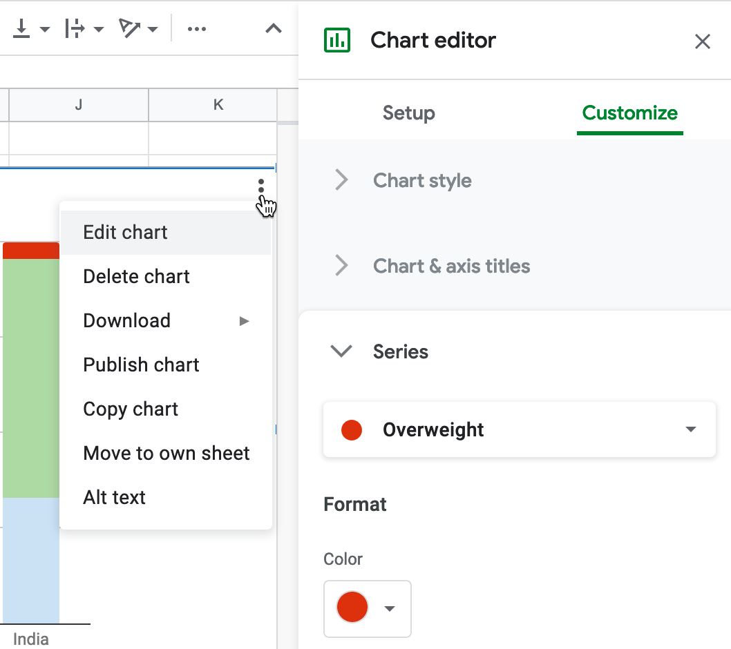 To edit a column color, select Edit Chart - Customize - Series.