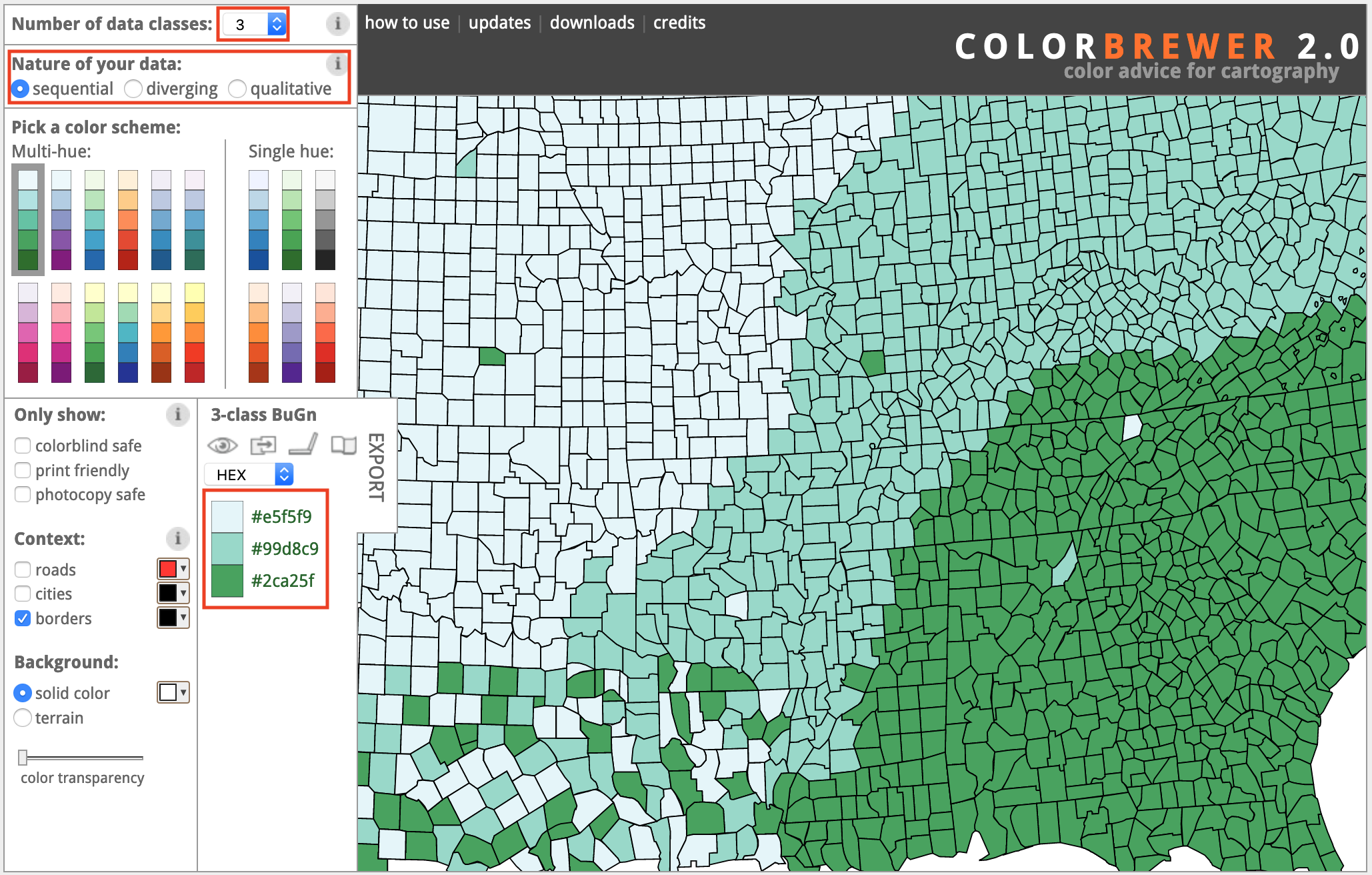 The ColorBrewer design assistant interface: data classes, type of color scheme, and recommended color codes.