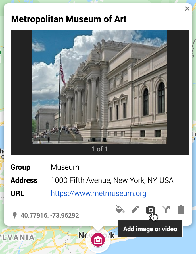 Click any map marker to edit its data, add a photo, or directions.