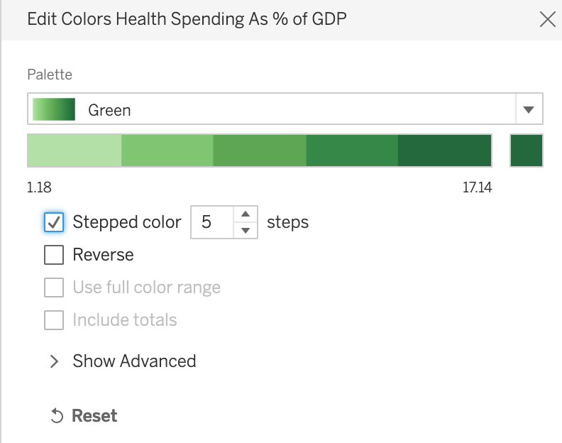 Change the color scheme to Green with 5 steps.