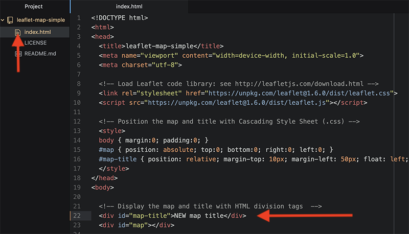Atom Editor opens your repo as a project, where you can click files to view code. Edit your map title.