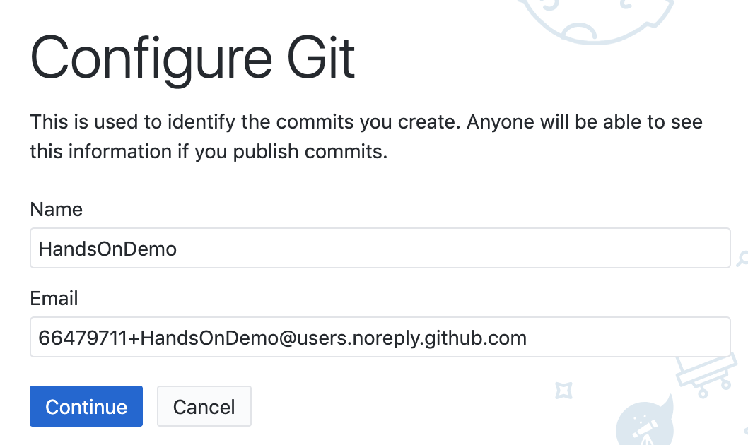 Click the Continue button to authorize GitHub Desktop to send commits to your GitHub account.