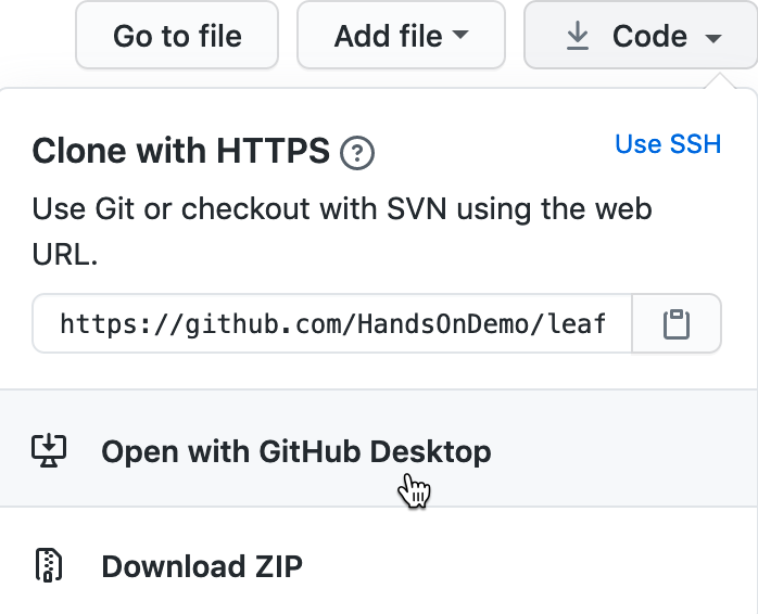 In your GitHub repo on the web, click Code to Open with GitHub Desktop to download and install GitHub Desktop.