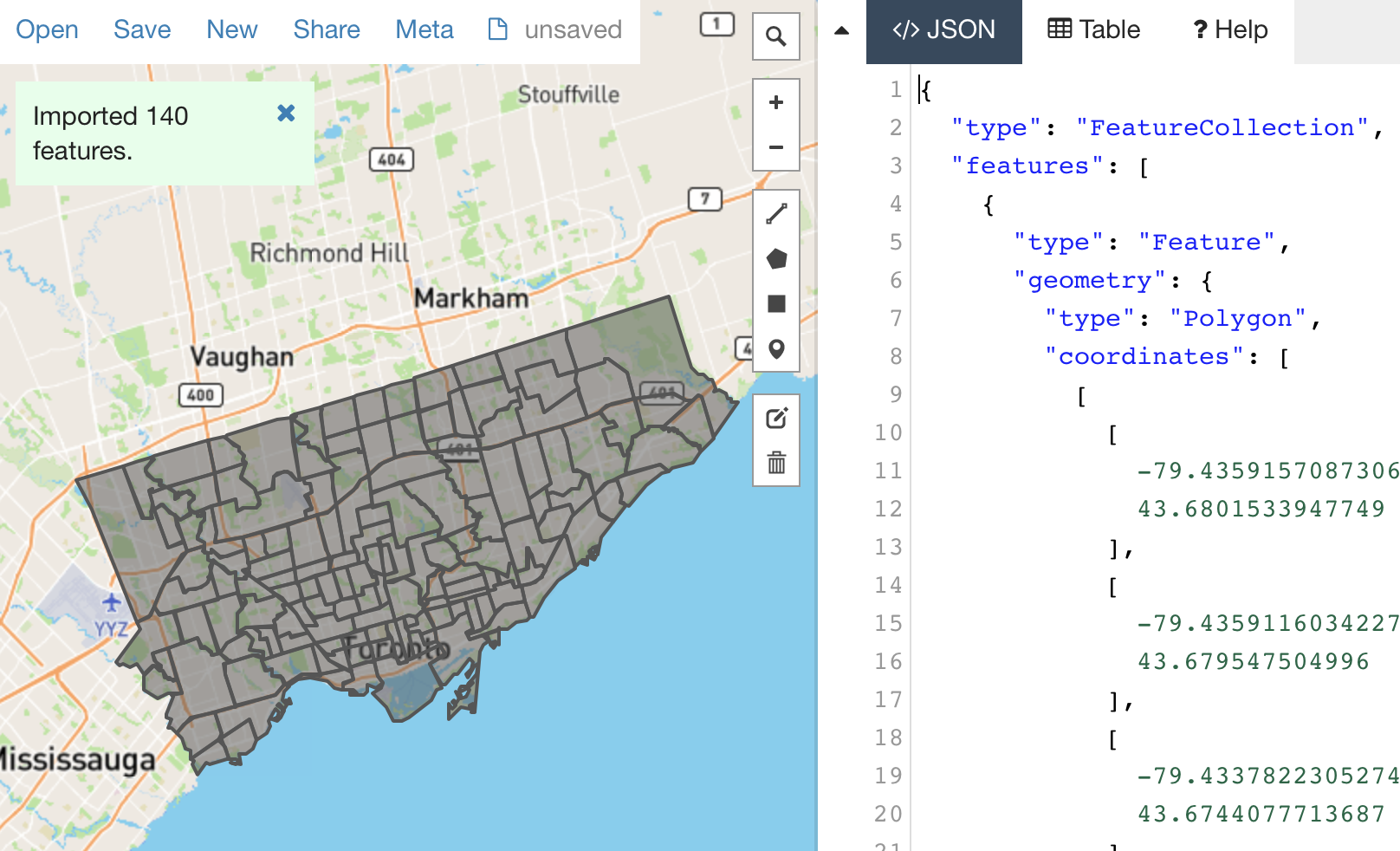 GeoJson.io successfully imported the Toronto neighborhoods sample KML file.