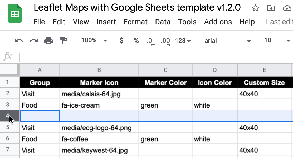 Avoid leaving blank rows in Google Sheets data files for Leaflet code templates.
